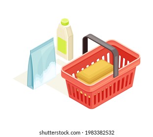 Grocery Items In Basket As Shopping And Retail Industry Isometric Vector Illustration