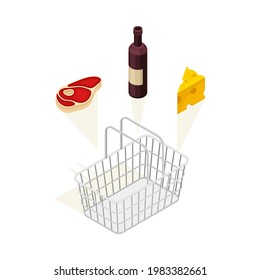 Grocery Items In Basket As Shopping And Retail Industry Isometric Vector Illustration