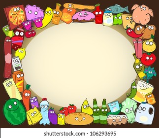 Grocery items border with space for text, shopping card, sketch