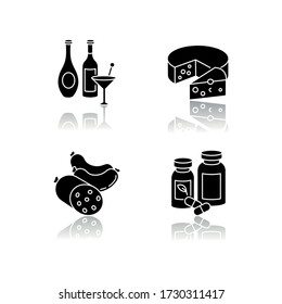 Grocery items drop shadow black glyph icons set. Wine and spirits. Alcoholic drinks in bottles. Martini in glass. Meat sausages. Pharmaceutical products. Isolated vector illustrations on white space