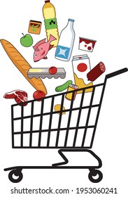 Grocery items falling into a shopping cart representing an online shopping or a consumer basket, EPS 8 vector illustration