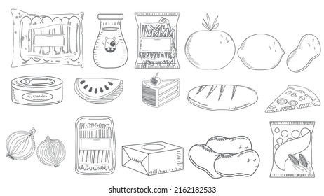 Grocery Items Freehand Sketch Drawing Style In Black And White Color Set. French Fries, Pepper, Potato, Can, Jam Bottle, Minced Meat Pack, Watermelon, Milk, Cup, Ingredient, Supermarket Grocery Items