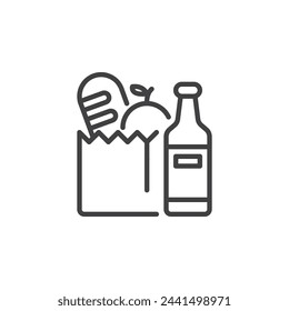 Ícono de línea de artículos de comestibles. signo de estilo lineal para concepto móvil y diseño web. Icono de vector de contorno de bolsa de alimentos y botella. Símbolo de alimentos y bebidas, ilustración de logotipo. Gráficos vectoriales