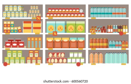 Grocery items on the supermarket shelves and offers, shopping and retail concept