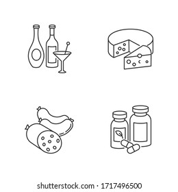 Grocery items pixel perfect linear icons set. Wine and spirits. Alcoholic drinks in bottles. Customizable thin line contour symbols. Isolated vector outline illustrations. Editable stroke