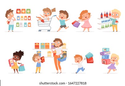 Grocery kids. Parents with children shopping purchase products and toys vector cartoon pictures