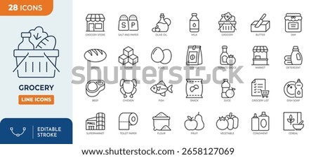 Grocery line editable icon set. Containing milk, eggs, bread, butter, flour, cereals, snacks, detergent, and more. Editable stroke. Vector illustration