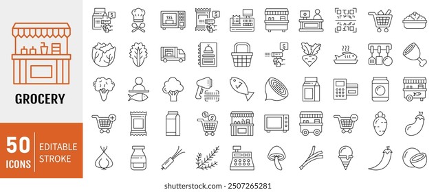 Conjunto de colección de ícono de línea de comestibles. Contiene comida, comida, verdura, fruta, icono de mariscos. Ilustración vectorial