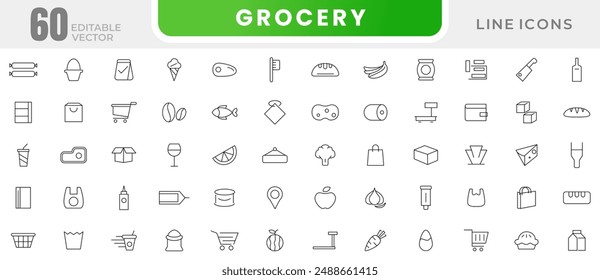 Grocery line Icon set. Supermarket, Bakery, Milk, Vegetable, Fruit,  Dairy, Cheese, Rice, Coffee, Seafood, Fish, Chicken and Cart outline icon collection. UI thin outline icons.