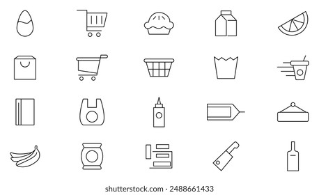 Grocery line Icon set. Supermarket, Bakery, Milk, Vegetable, Fruit,  Dairy, Cheese, Rice, Coffee, Seafood, Fish, Chicken and Cart outline icon collection. UI thin outline icons.