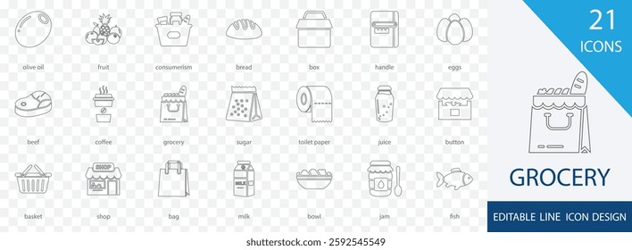 Grocery line  icon style.  containing juice, coffee, fish, consumerism, groceries, and more  stroke design