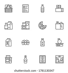 Grocery line icons set, outline vector symbol collection, linear style pictogram pack. Signs, logo illustration. Set includes icons as shopping basket, dairy products, egg, fruit package, water bottle