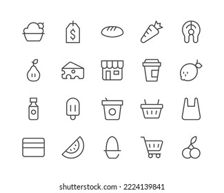 Iconos de la línea de compras establecidos. Objetos vectoriales aislados en un fondo blanco para diseño web y gráficos. Colección de iconos de esquema.