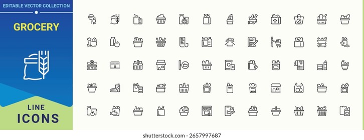 Conjunto de ícones linear de supermercado. Traçado de vetor editável minimalista. Traçado vetorial editável. Conjunto de ícones Mercadorias. Contém símbolos de estrutura de tópicos como produto, caixa, pacote e muito mais.