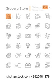 Grocery linear icons set. Various supermarket food sections. Drink products.Customizable thin line contour symbols. Isolated vector outline 256 x 256 px illustrations. Editable stroke