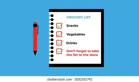 Grocery list with book and pen