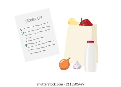 Lista de compras. Lista de comprobación con marcas y Bolsa con alimentos. Bolsa de venta de papel con verduras, leche. Paquete ecológico. Ilustración del vector plano de color aislado en fondo blanco.