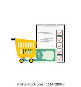 Grocery list concept. Vector product and purchase, checklist sheet approve and cart for food illustration
