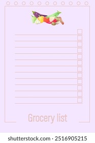 Grocery list. Food Diary planner printable template Vector. Easily plan out of your weekly meals for breakfast, lunch, dinner and snacks. Cute pattern for print with lines and window for mark