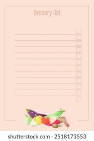 Grocery list. Food Diary planner printable template Vector. Easily plan out of your weekly meals for breakfast, lunch, dinner and snacks. Cute pattern for print with lines and window for mark