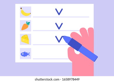 Grocery list and hand with pen. Flat design. Vector illustration