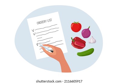 Lista de compras. Marcas de mano humanas en la lista de compras. Hoja con texto escrito a mano. Conjunto de verduras. Comprando personas en la tienda de comestibles. Ilustración del vector plano de color aislado en fondo blanco.