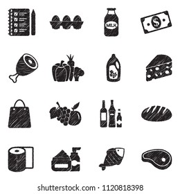 Grocery List Icons. Black Scribble Design. Vector Illustration.