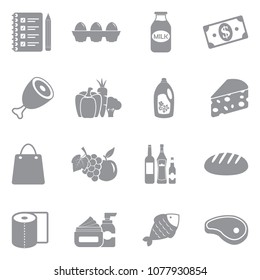 Grocery List Icons. Gray Flat Design. Vector Illustration. 