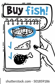 grocery list in a notebook buy fish comics blue