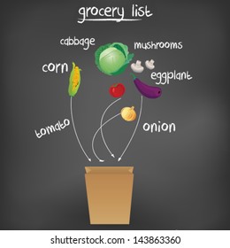 Grocery list on chalkboard background.Vector glocery list. Food on chalkboard.Black chalkboard background.