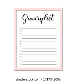 Grocery list paper page. Shopping list sheet template. Easy to edit vector element of design for organizer, notebook, meal planner, recipe card, etc. 