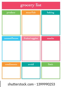 Grocery list, printable page, vector template for diary, planners, books or notebooks.