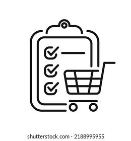 Grocery list and shopping cart line symbol, vector editable stroke icon for user interface. Shopping with list and grocery cart, checklist and shopping basket.