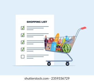 Grocery list for shopping in the store. Shopping list with marks. Shopping trolley full of food, fruit, products, grocery goods. Buying food in supermarket. Vector illustration