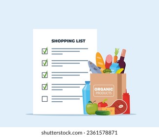 Grocery list for shopping in the store. Shopping list with marks. Paper bag full of food, fruit, products, grocery goods. Buying food in supermarket. Vector illustration