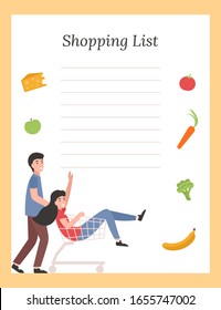 Grocery List Template With Vegetables And Happy People Customers. Flat Vector Illustration.