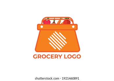 grocery logo design with basket and shopping bag vector template vegetable icon