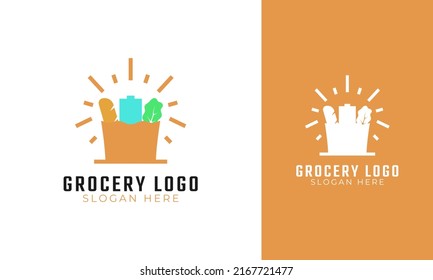 Grocery logo vector illustration. Paper bag symbol with food and vegetable icon. Retail logo with shine concept