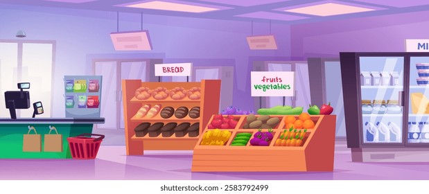 Grocery mall. Interior set of different grocery products in shopping mall exact vector cartoon background