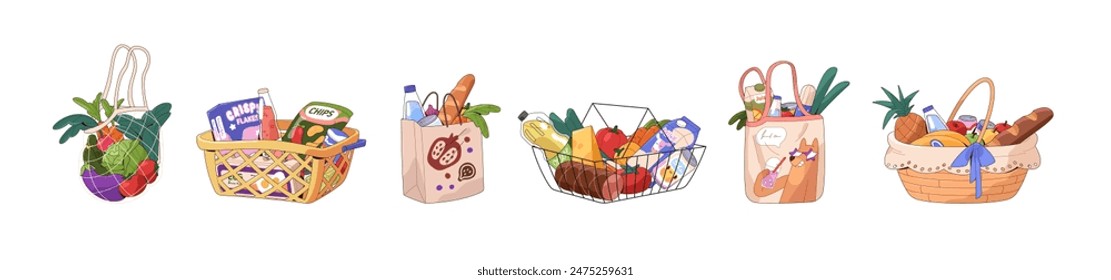 Grocery market carts set. Eco friendly mesh bag with vegetables, fruit. Different baskets, packages for shopping food, supermarket purchases. Flat isolated vector illustrations on white background