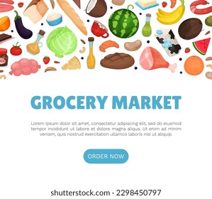 Grocery Market Design with Products and Fresh Food Vector Template