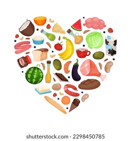 Grocery Market Heart Composition Design with Products and Fresh Food Vector Template