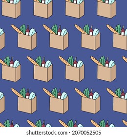 Grocery market products seamless pattern. Goods vector illustration isolated on blue background.