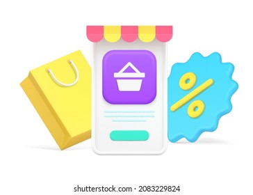 Grocery market retail seasonal discount sale black friday with button receipt menu and percentage tag 3d icon vector illustration. Product supermarket shopping service order delivery template isolated