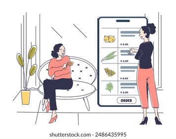 Lebensmittelladen mobile App. Frauen in der Nähe von Smartphone bestellen Lebensmittel mit Lieferung nach Hause. Bargeldloses Bezahlen, elektronischer Geschäftsverkehr und Online-Shopping. Lineare Vektorillustration isoliert auf weißem Hintergrund