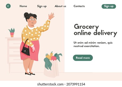 Grocery online delivery landing page template. Happy woman holding a purse and waving hand vector cartoon illustration. Funny female character, housewife with shopping.