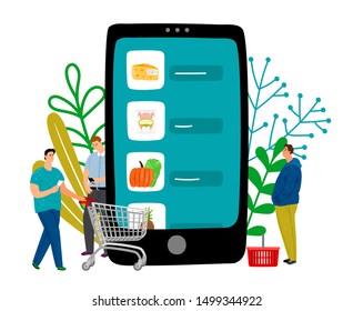 Grocery online. Mobile supermarket and tiny men with shopping baskets vector illustration