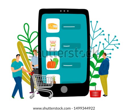 Grocery online. Mobile supermarket and tiny men with shopping baskets vector illustration