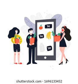 Grocery online shopping. People holding  package boxes with groceries. Hand drawn vector Illustration