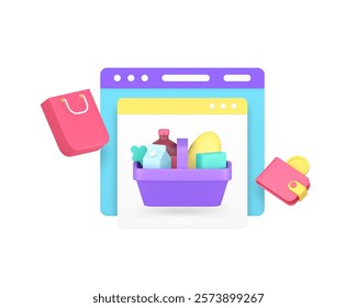 Grocery online shopping store internet purchase 3d icon realistic vector illustration. Supermarket market groceries shop computer browser website purchasing payment e business merchandise technology